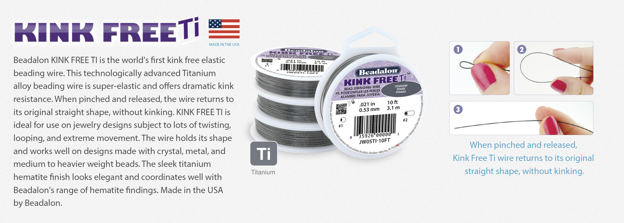 Kink-Free Titanium Bead Stringing Wire, .018 in (0.46 mm), 10 ft (3.1 m)